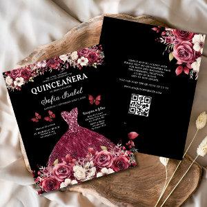 Budget Floral Burgundy QR Code Quinceanera Flyer