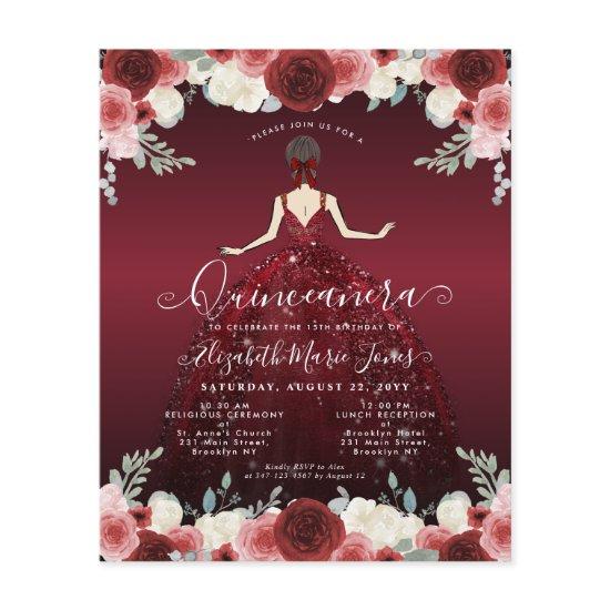 Budget Floral Burgundy Red Dress Gown Quinceanera