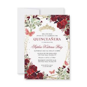 Budget Floral Burgundy Red Gold Tiara Quinceañera Note Card