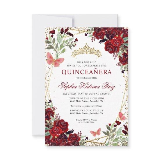 Budget Floral Burgundy Red Gold Tiara Quinceañera Note Card