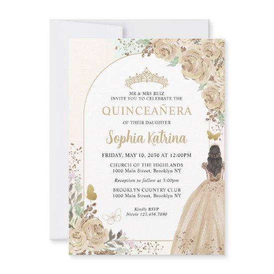 Budget Floral Champagne Gold Princess Quinceanera Note Card