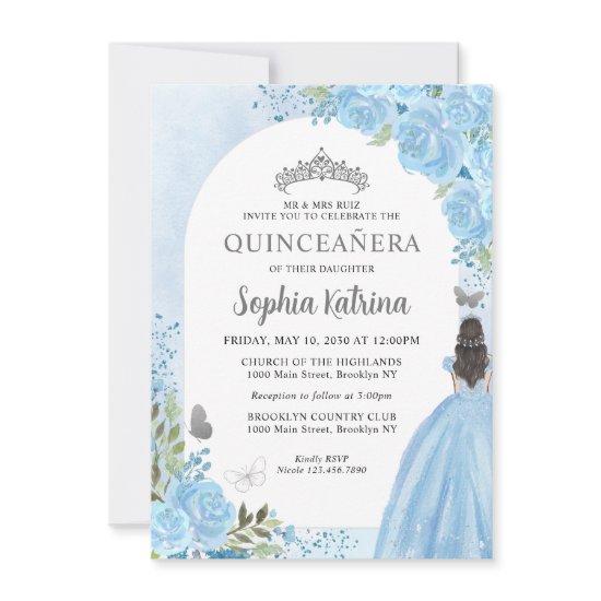 Budget Floral Dusty Blue Gray Princess Quinceanera Note Card