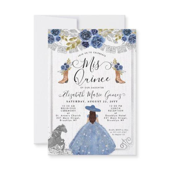 Budget Floral Dusty Blue Silver Charra Quinceanera Note Card