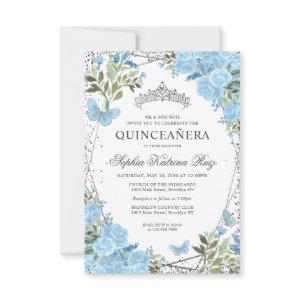 Budget Floral Dusty Blue Silver Tiara Quinceañera Note Card