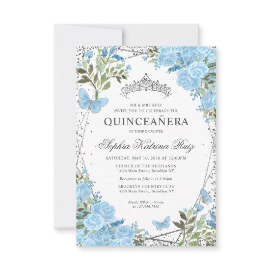 Budget Floral Dusty Blue Silver Tiara Quinceañera Note Card