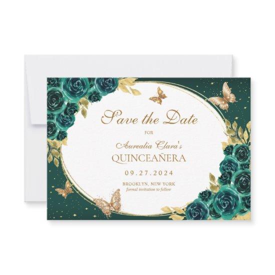 BUDGET Floral Emerald Gold Butterfly Quinceañera Note Card