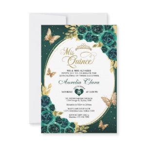 BUDGET Floral Emerald Gold Butterfly Quinceañera Note Card
