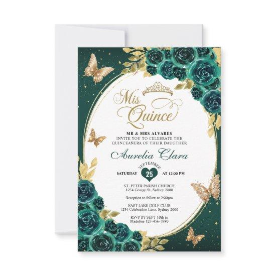 BUDGET Floral Emerald Gold Butterfly Quinceañera Note Card