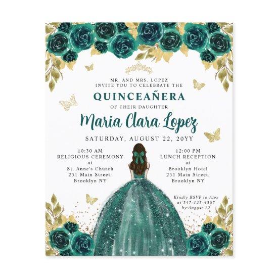 Budget Floral Emerald Gold Princess Quinceanera