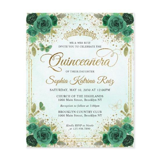 Budget Floral Emerald Green Glam Gold Quinceañera