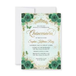 Budget Floral Emerald Green Glam Gold Quinceañera Note Card