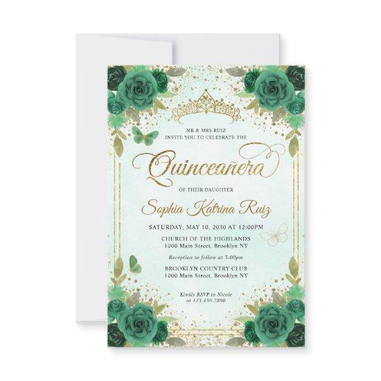 Budget Floral Emerald Green Glam Gold Quinceañera Note Card