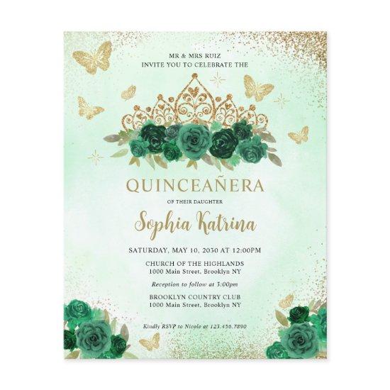 Budget Floral Emerald Green Gold Tiara Quinceañera