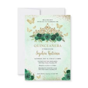 Budget Floral Emerald Green Gold Tiara Quinceañera Note Card