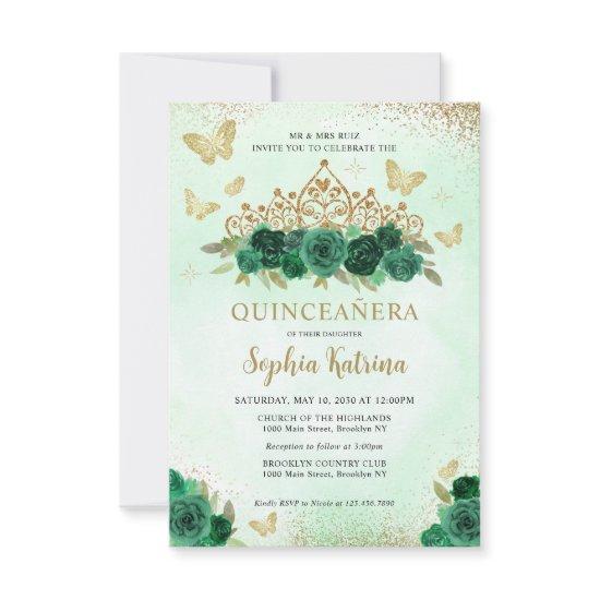 Budget Floral Emerald Green Gold Tiara Quinceañera Note Card