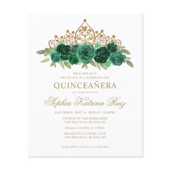 Budget Floral Emerald Green Tiara Quinceañera Flyer