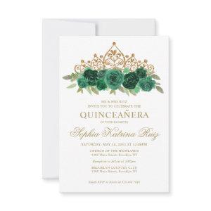 Budget Floral Emerald Green Tiara Quinceañera Note Card