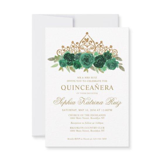 Budget Floral Emerald Green Tiara Quinceañera Note Card
