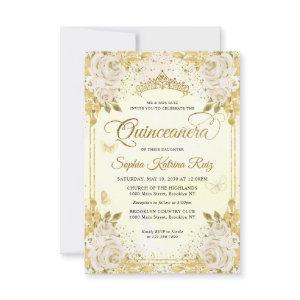 Budget Floral Faux Gold Glitter Crown Quinceañera Note Card