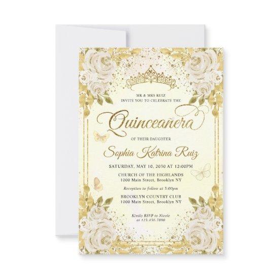 Budget Floral Faux Gold Glitter Crown Quinceañera Note Card