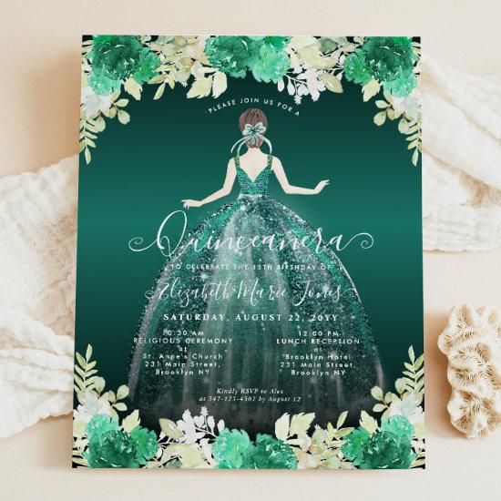 Budget Floral Green Dress Gown Quinceanera Invite
