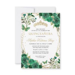 Budget Floral Green Gold Tiara Quinceañera Invite