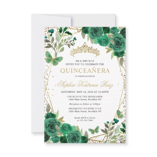 Budget Floral Green Gold Tiara Quinceañera Invite