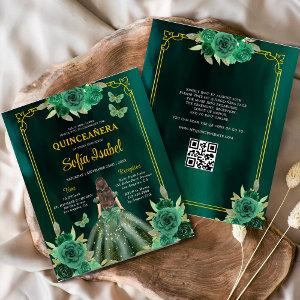 Budget Floral Green Gown Dress QR Code Quinceanera Flyer