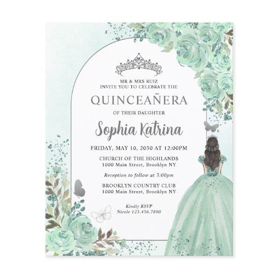 Budget Floral Green Silver Princess Quinceanera