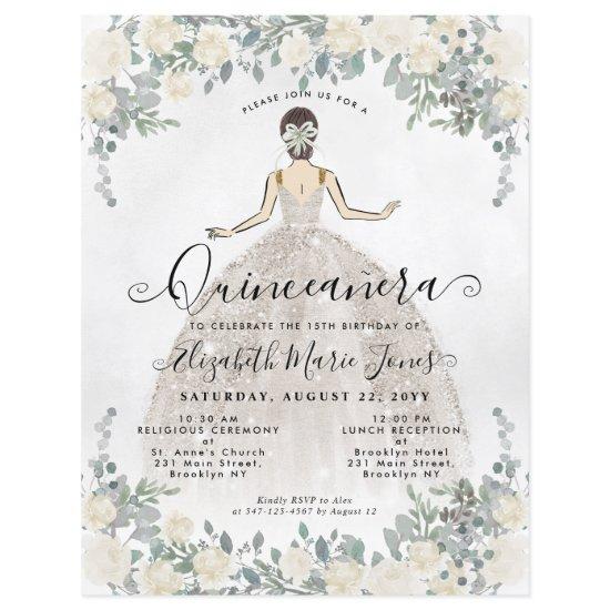 Budget Floral Ivory White Princess Quinceanera