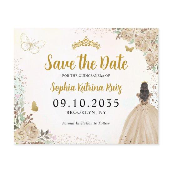 Budget Floral Light Gold Quinceanera Save the Date