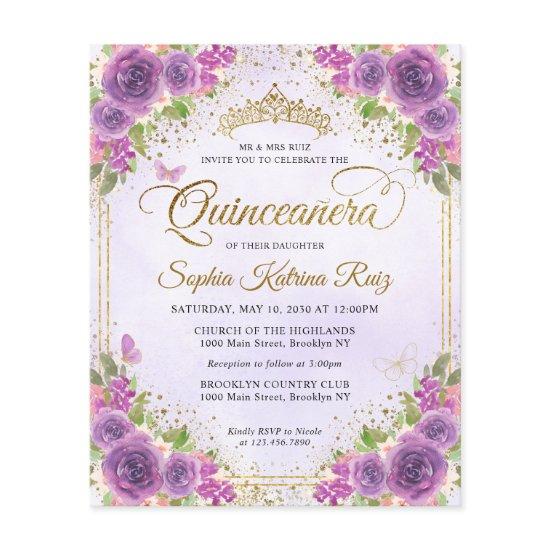 Budget Floral Light Purple Gold Tiara Quinceañera