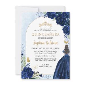 Budget Floral Navy Blue Gold Princess Quinceanera Note Card