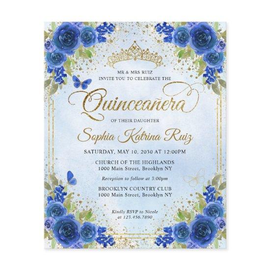Budget Floral Navy Blue Gold Tiara Quinceañera Flyer