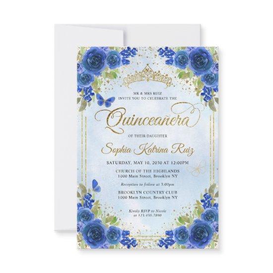 Budget Floral Navy Blue Gold Tiara Quinceañera Note Card