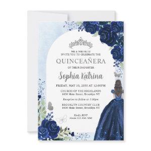 Budget Floral Navy Blue Gray Princess Quinceanera Note Card