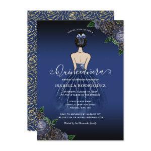 Budget Floral Navy Princess Gold Quinceañera Note Card