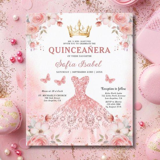 Budget Floral Pink Bilingual Spanish Quinceanera
