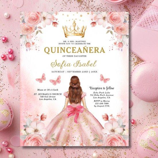 Budget Floral Pink Bilingual Spanish Quinceanera Flyer