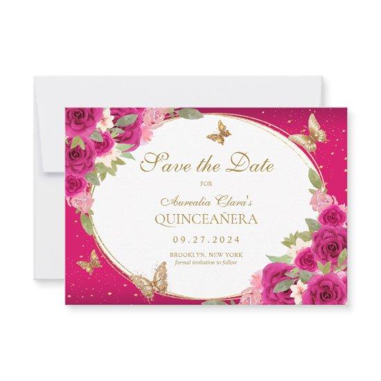 BUDGET Floral Pink Gold Butterfly Quinceanera Note Card