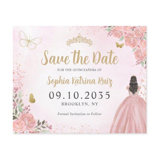 Budget Floral Pink Gold Quinceanera Save the Date