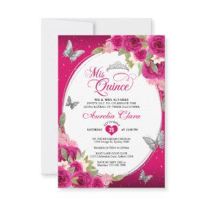 BUDGET Floral Pink Silver Butterfly Quinceañera Note Card