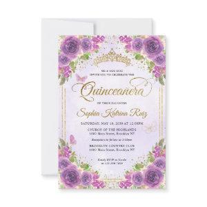Budget Floral Purple Glam Gold Glitter Quinceañera Note Card