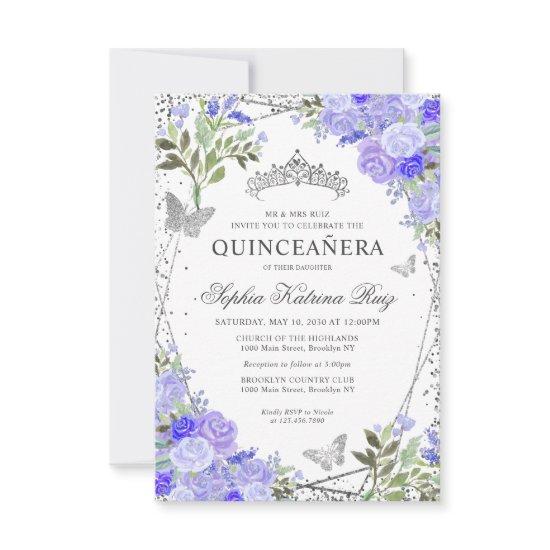 Budget Floral Purple Glam Silver Tiara Quinceañera Note Card