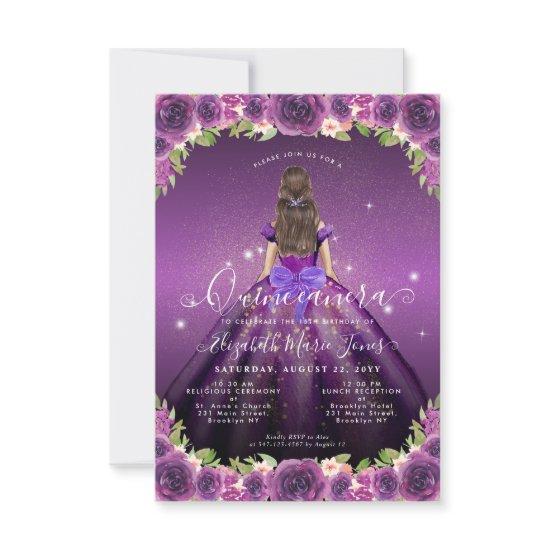 Budget Floral Purple Gold Princess Quinceanera Note Card