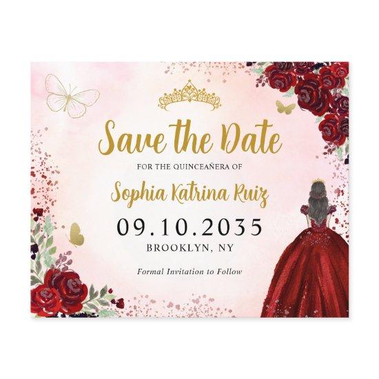 Budget Floral Red Gold Quinceanera Save the Date