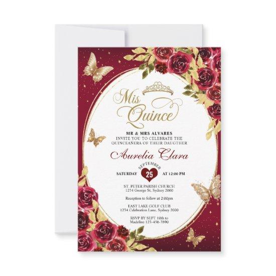 BUDGET Floral Red Gold Tiara Butterfly Quinceañera Note Card