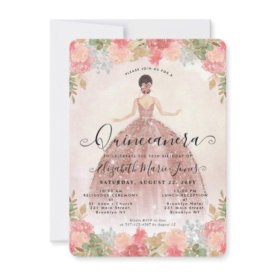 Budget Floral Rose Gold Pink Princess Quinceanera Note Card