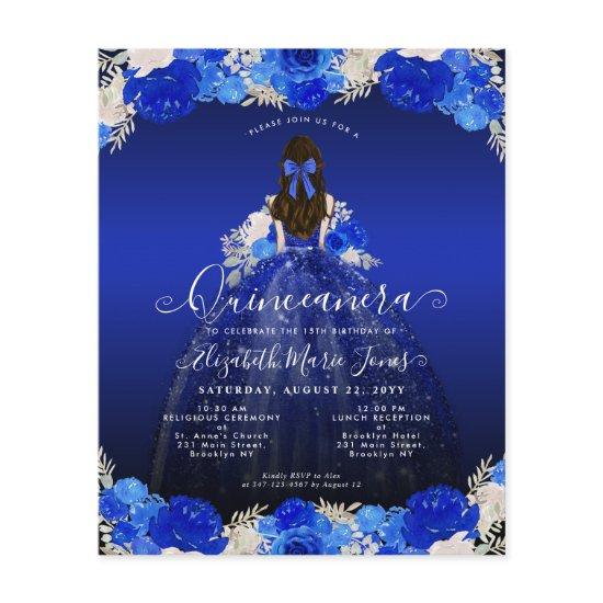 Budget Floral Royal Blue Dress Quinceanera Invite