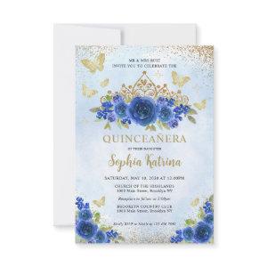 Budget Floral Royal Blue Gold Tiara Quinceañera Note Card